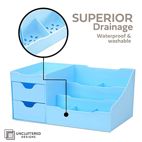 Uncluttered Designs Makeup Organizer With Drawers - Modern Countertop Storage for Cosmetics - Chic Vanity Holder for Cologne, Skincare, Brush, Lipstick, Nail Polish Organization & Display (Blue) - color: Pastel Blue