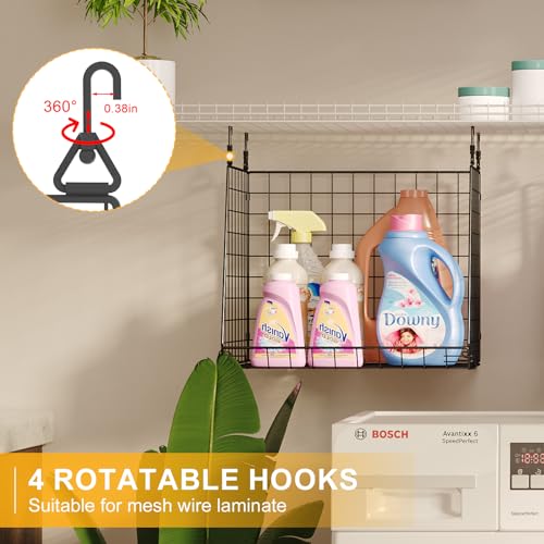 4-Pack Hanging Laundry Room Organizer：Foldable Laundry Room Organizaton Wire Basket with 360°Rotating Hooks Space Saving Over Washer and Dryer Shelves - Metal Laundry Basket Storage, Black Patent - size: 4-Pack 13.9*11*46inch