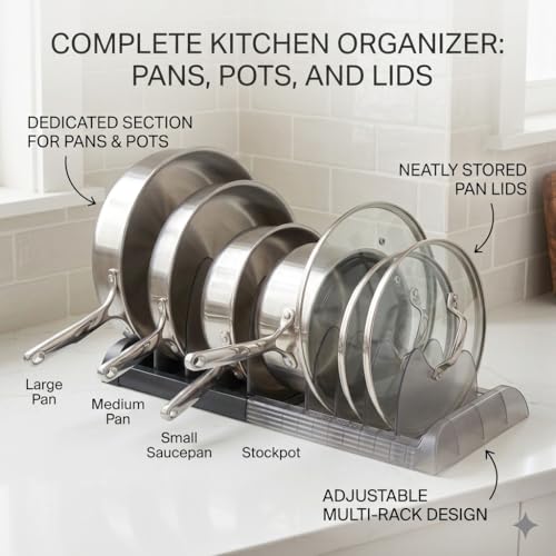 OMIO Pot Lid Organizer for Cabinet, A-560 Heavy Duty ABS Pan Rack Adjustable 9.8-22.8 inch with 8 Removable Dividers, Under Sink Storage for Cookware, Cutting Board, Dark Gray - color: Deep Grey & Translucent