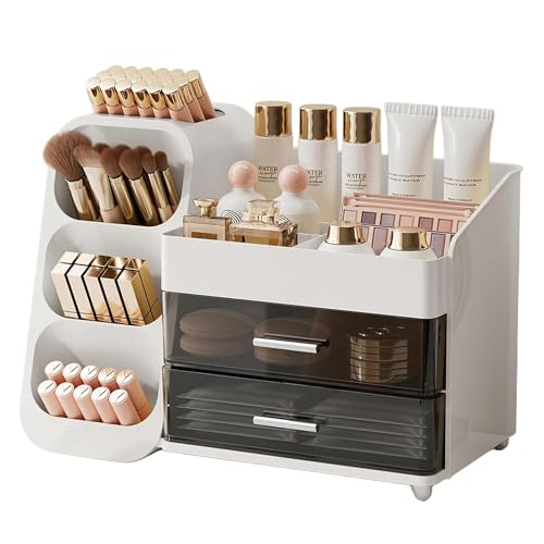Makeup Organizer for Vanity with Brush Holder, Large Plastic Bathroom Countertop Skincare Organizer with 2 Drawers, Spacious Cosmetic Display Case for Perfumes, Eyeshadow Palettes, Nail Polishes - color: White, size: Large