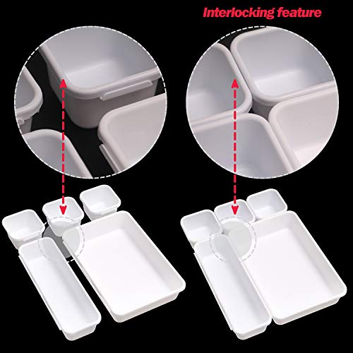 Set of 12 Interlocking Desk Drawer Organizer Tray Dividers Plastic Shallow Narrow Drawers Organizers Separators Storage Bins Container for Kitchen Bathroom Makeup Office Vanity Bedroom Dresser White - color: White