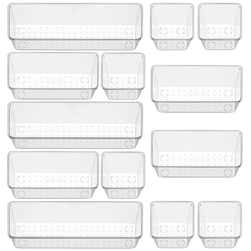 12 Piece Clear Drawer Organizer Set, 3 Sizes Bathroom Vanity Organizer Trays and Storage Bins for Makeup, Cosmetics, Jewelry, and Gadgets. Perfect for Office, Kitchen, Bedroom, Bathroom Use. - size: 12pcs-3size