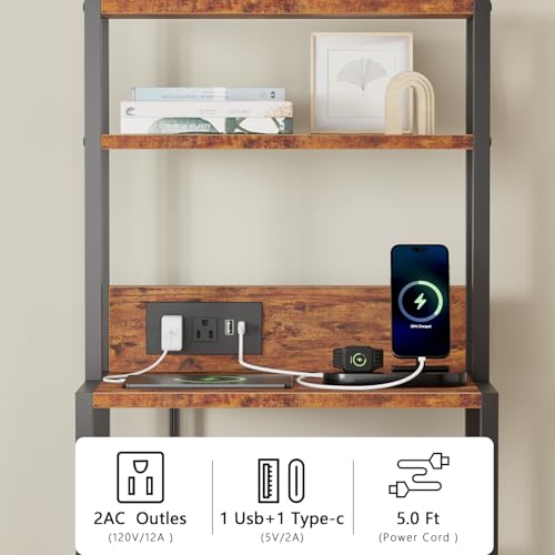 Furnulem Night Stand, Tall Nightstand with 4-Tier Shelves and 3 Fabric Drawers, LED Bed Side Tables with Charging Station, Bedside Table for Bedroom, Hallway, Office, Rustic Brown - color: Rustic Brown, size: 3 Drawer