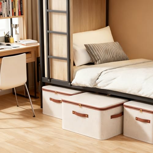 Tuza 3 Pcs Rigid Storage Bins with Zipper Lid, Cotton Linen Fabric Storage Boxes, Foldable Shelves Clothes Storage Cubes with Handles for Wardrobe, Closet(Beige, 15L) - size: M-15L