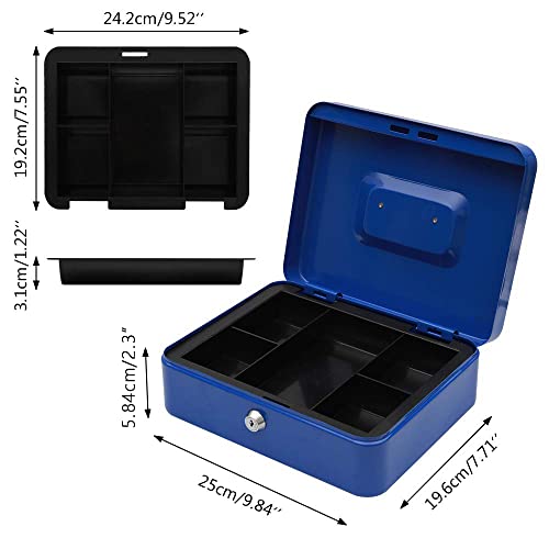 KYODOLED Large Lock Box with Money Tray,Storage Cash Box with Lock,Safe Metal Box for Money,9.84"x 7.87"x 3.54" Blue Large - color: Blue, size: Large