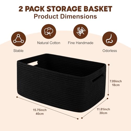 OIAHOMY Storage Basket for Shelves, Closet Cube Storage Bins Baskets for Clothes Blanket Towels, Baby Nursery, Toy Baskets Box, Woven Rope Basket, 15.75 * 11.81 * 7.09 IN, 2 Packs Black - color: Black, size: 15.75*11.81*7.09