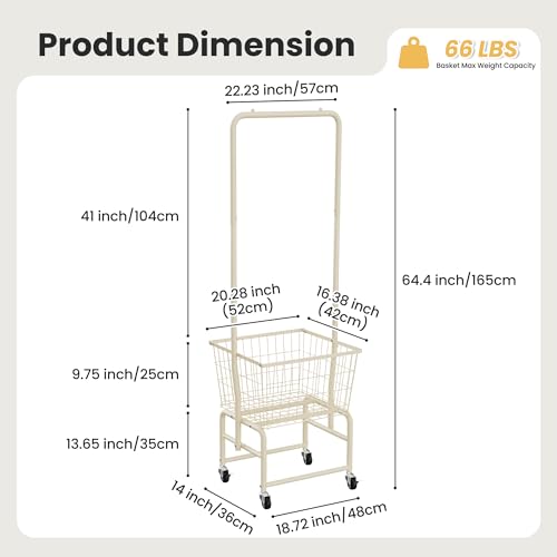 Rolling Laundry Cart with Wheels, Laundry Hamper Basket Organizer with Clothes Hanging Rack, Wire Storage Cloth Shelf Butler, Cream - color: Cream