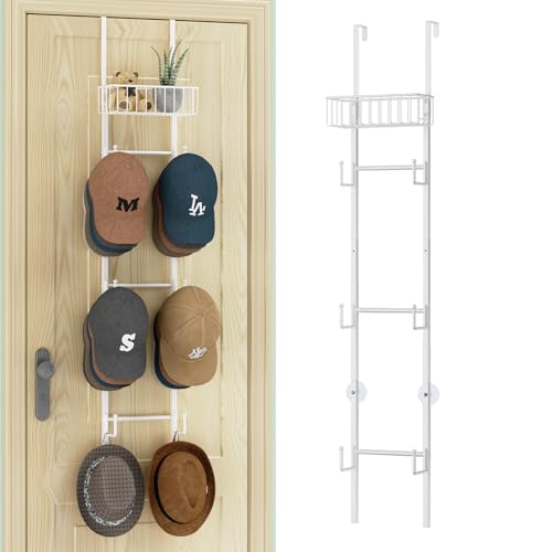HapiRm Over Door Hat Rack - Wall Mounted Hat Holder with 6 Hooks and Metal Basket Design, Baseball Cap Organizer Storage Up to 32 Caps for Door, Bedroom, Closet (White) - color: White, size: 1 Pack