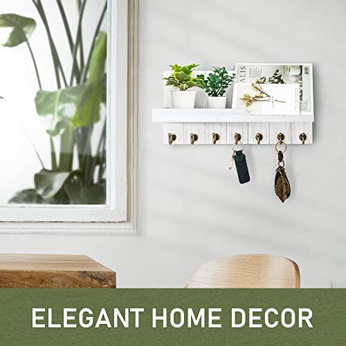 Rebee Vision Decorative Key and Mail Holder for Wall - Farmhouse 15 Inches Floating Shelf with 7 Sturdy Key Hooks for Home Entryway Wall Decor - Rustic Key Racks (White,15-inch) - color: White, size: 15-inch