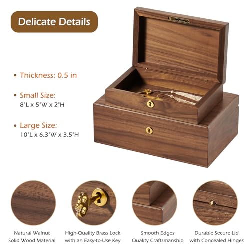 Walnut Storage Boxes with Locking Lid Set of 2 Decorative Solid Wood Storage Baskets Lockable Vintage Wooden Memory Box Chests for Keepsakes Photos Jewelry Desktop Organizer Container