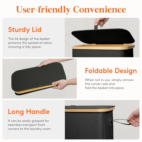 Lifewit 65L Slim Laundry Hamper with Lid, Narrow Laundry Basket with Removable Bag & Bamboo Handles, Fodable Thin Dirty Clothes Hamper for Laundry Collapsible Bin for Bathroom Bedroom Dorm, Black - color: Black, size: 65L