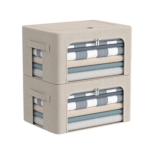 CYhom Clothes Storage Bins Box - Linen Fabric Foldable Stackable Container Organizer Set with Clear Window & Carry Handles & Metal Frame - 2Pack Large Capacity for Bedding, Blankets, Books - color: Beige, size: Small-22L
