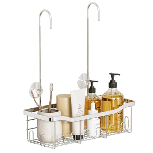 BYT Shower Caddy Hanging, Shower Organizer Hanging for Bathroom, Shower Basket with Hooks, Shower Storage, Shelf, Rack No Drilling for Faucet or Cross Bar (Silver) - color: Silver