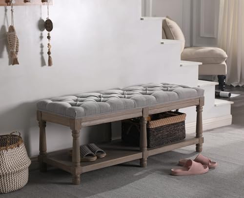 Kmax Storage Entryway Bench Tufted Shoe Rack Bench Wood Window Bench for Hallway Entrance Bedroom Corner, Gray - color: Grey, size: Storage- 2 Seats