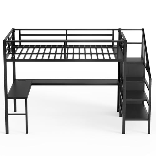 Bellemave Full XL Size Metal Loft Bed with L Shaped Desk and Wardrobe, Heavy Duty Loft Bed Frame with Storage Stairs, LED Loft Bed Frame with Charging Station & Safety Guardrails, Black - color: Black, size: Full XL