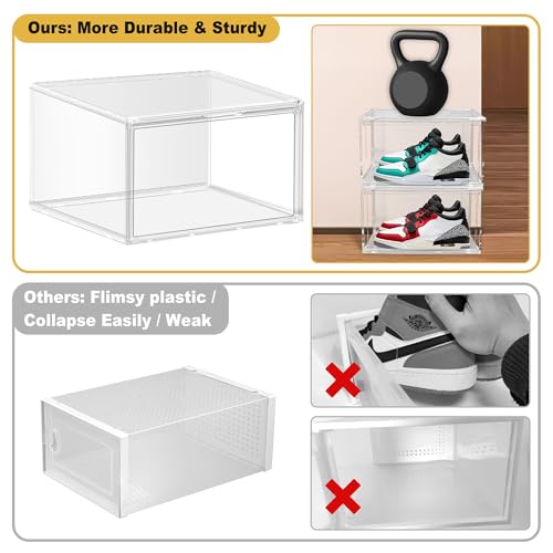 12 Pack Plastic Shoe Storage Boxes Fit US Size 13, Clear Stackable Shoe Display Case with Acrylic Magnetic Side Door, Shoe Containers for Sneaker Storage, Hats, Figure, Collectible - color: Clear, size: M-Large Size 13