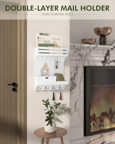 Rebee Vision Decorative Key Holder Wall Mount for Home Decor - Stylish Mail Organizer with 9 Key Hooks and Mini Drawer Organizer for Apartment Essentials - Room Decor Aesthetic (White) - color: White, style: Small Drawer
