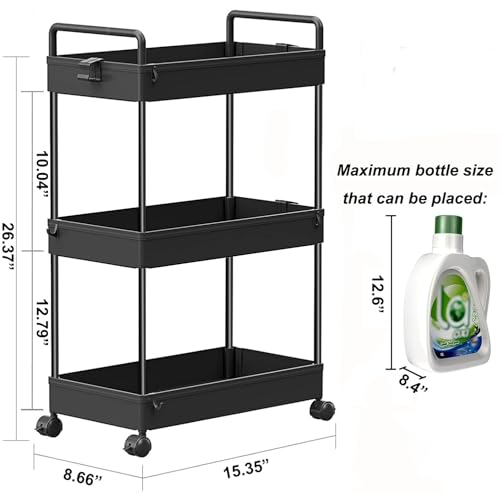 SOLEJAZZ 3 Tier Rolling Storage Cart with Wheels Slim Craft Nail Makeup Snack Art Baby Utility Cart Organizer on 2 Lockable Wheels for Bathroom Laundry Room Kitchen Bedside Narrow Spaces, Black - color: Black, size: 3-Tier, 8.66"D