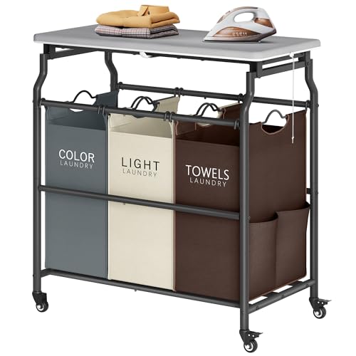 Hoctieon 3 Section Laundry Sorter Cart with Ironing Board, Laundry Hamper Basket with Shelf and Wheels, Heavy Duty Clothes Organizer, Large Clothes Separator with Removable Bags, Brown+Gray+Beige - color: Brown+gray+beige