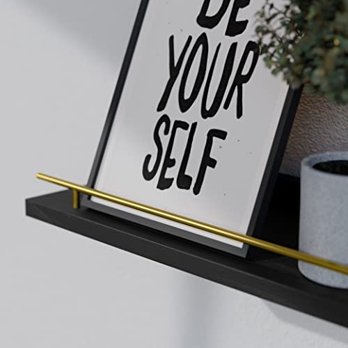 WOPITUES Floating Shelves with Gold Metal Guardrail, Shelves for Wall Decor Set of 3, Wall Shelves for Bedroom, Bathroom, Kitchen, Living Room, Plants, Picture Frames, Art- Black and Gold - color: Black and Gold, size: 15.7 inch