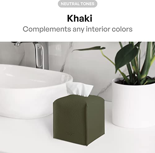 Carrotez Tissue Box Cover, [Refined] Modern PU Leather Square Tissue Box Holder - Decorative Holder/Organizer for Bathroom Vanity Countertop, Night Stands, Office Desk & Car 5"X5"X5" - Khaki - color: Khaki, size: [Square]