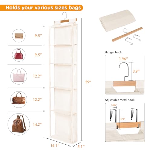 Syeeiex Hanging Handbag Purse Organizer with Zippers, 5 Mesh Shelves,Clear Slubbed Fabric+PVC Hanging Closet Bag Organizer, Dustproof Handbag Closet Tote Storage Bag for Door, Wardrobe, Beige - color: Beige-5 Shelves