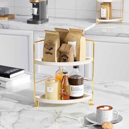FSyueyun 2-Tier Corner Bathroom Counter Organizer, Tool-Less Installation Vanity Shelf Small Plastics Countertop Makeup Tray Skincare Perfume Organizers (Gold) - color: Gold