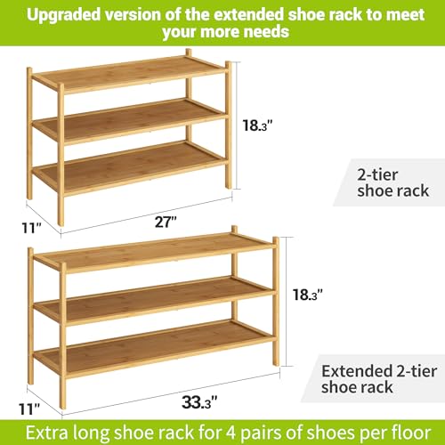 BMOSU 3-Tier Bamboo Extended Shoe Rack Premium Stackable Shoe Shelf Storage Organizer for Hallway Closet Living Room Entryway Organizer(Natural) - color: Natural, size: 3-Tier Long（33.3*11*18.3inches）