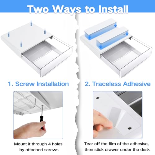 Self-adhesive Under Desk Drawer Organizer, 2 Pack Table Hidden Slide Out Large Storage Mounted Desktop Pencil Holder Tray Drawers for Office Home School Stationery Kitchen (Large, White) - color: Matte White, size: Large