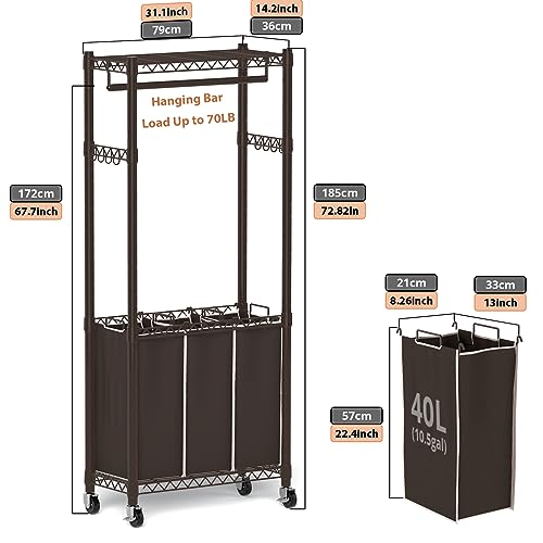 Hodonas 3-Section Laundry Sorter With Hanging Bar, Rolling Hamper Cart, Basket Organizer, Hanging Rack, Lockable Wheels and Removable Bags for Clothes Storage, Espresso - color: Espresso