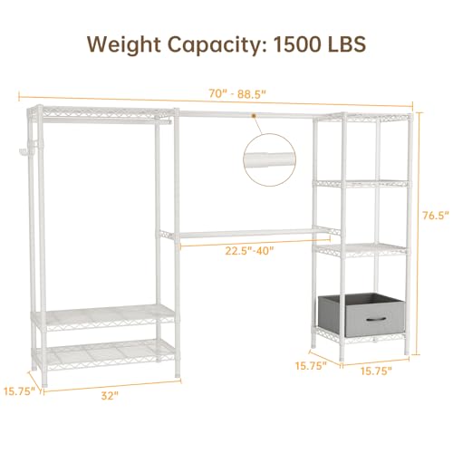 Golpart Coat Rack Clothes Wardrobe：Closet Organizer and Storage Clothing Garment Rack with Shelves Heavy Duty for Hanging Clothes Portable Adjustable White 15.8" Dx(70-88.5)" Wx76.5 H - color: White, size: 15.8"Dx(70-88.5)"Wx76.5"H