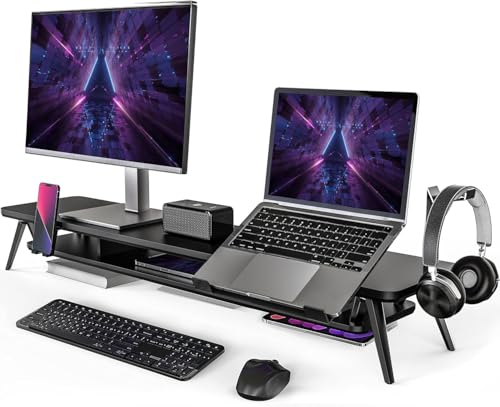 Fenge Dual Monitor Stand, Monitor Riser for 2 Monitors with Adjustable Laptop Riser , 42.5 Inch Desk Shelf for Top of Desk with Phone Holder& Headphone Stand - color: Black