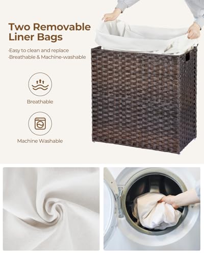 Greenstell Laundry Hamper with Lid, 125L Laundry Basket with 2 Removable Liner Bags & 2 Mesh Bags, Handwoven Synthetic Rattan Clothes Hamper for Clothes, Toys in Bathroom, Bedroom, Foldable, Brown - color: Brown, size: 125L (25.6 x 13.0 x 23.6 inches)