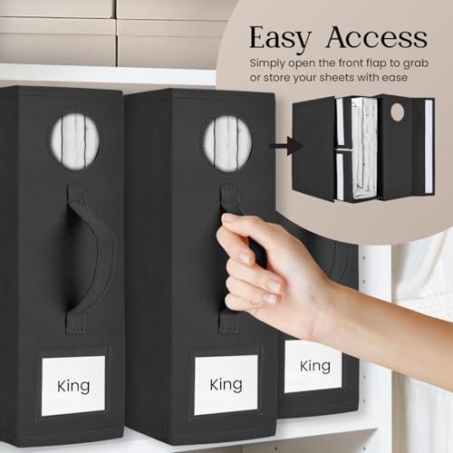 TOSORO 2 Pack Bed Sheet Organizer and Storage, Foldable Storage Bed Sheet Organizer for Linen Closet with Viewing Window & Label for Bedding Sheets & Blankets (Queen & King Size) Black - color: Black, size: 2 Pack