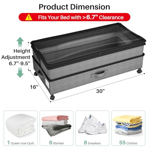 Kitstorack Under Bed Storage with Wheels 2Pack Height-adjustable Under Bed Storage Containers,Under Bed Shoe Storage Organizer with Clear Window&Label, Suitable for Clothes Storage, Gray - color: Grey, size: 2 Pack