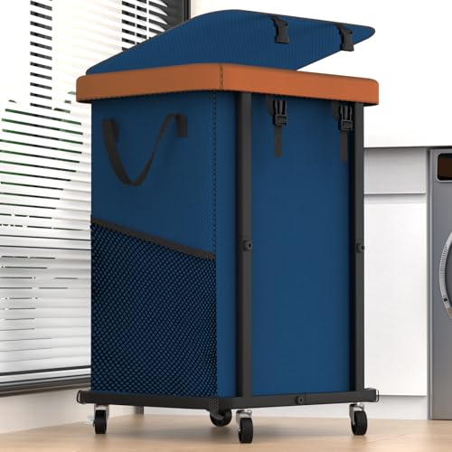 150L (40 Gal) Large Fashion Laundry Basket with Wheels, Leather Patchwork Rolling Hamper Carts, Sturdy Metal Frame, Removable Washable Bag, Tall Clothes Sorter for Bedroom, Laundry Room - Navy Blue - color: Navy Blue, size: 1 Section-150L