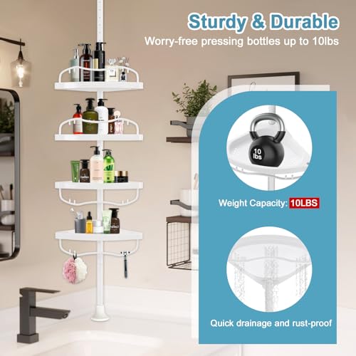 Corner Shower Caddy Tension Pole, Rustproof Bathtub Storage Organizer with 4 Adjustable Shelves, Bathroom Shower Rack Shampoo Holders for Inside Shower, 40"-120" Floor to Ceiling Shower Caddy White - color: White