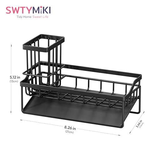 SWTYMIKI Sink Caddy Sponge Holder - Kitchen Sink Organizer with Stainless Steel Self Drain Tray & High Brush Holder for Countertop to Hold Dish Soaps and Sponges, Stainless Steel, Black - color: Black-Slope Drain, size: Medium
