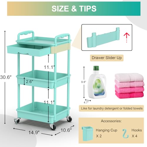 Goovilla 3 Tier Rolling Utility Cart Organizer with Removable Drawer, Stable and Sturdy Blue Rolling Storage Carts with 2 Lockable Wheels for Bathroom, Kitchen, Snack, Craft, Makeup, Baby Essentials - size: 3 Tier, style: Blue