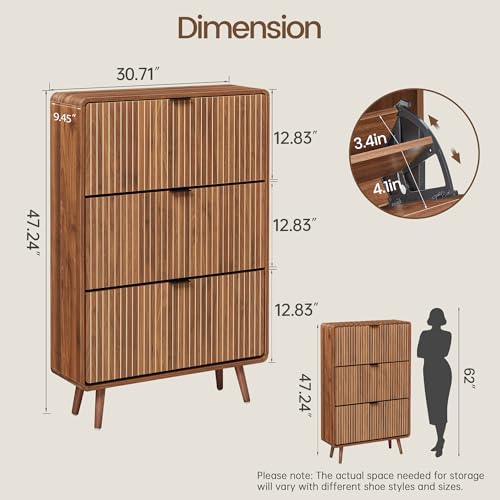 FurSch Fluted Shoe Storage Cabinet with 3 Flip Drawers, Narrow Shoe Rack Cabinet Organizer with Adjustable & Removable Shelves for Entryway (All Walnut, 3 Drawers) - color: All Walnut, size: 3 Drawers