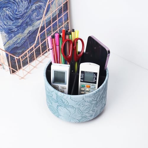 Hennaja Round Leather Art Supply Organizer,Remote Control Holder,360 Degree Spinning,Multi-Functional Pencil Holder,4 Compartments Desktop Stationary Organizer(1-Carved Light Blue) - color: 1-Carved Light Blue