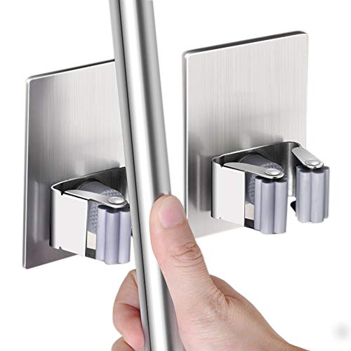 HANZE 2 Pack Stainless Steel Mop Broom Holder Organizer, Self Adhesive Wall Mounted Mop Organizer Storage Rack Clip for Kitchen Bathroom and Garage (Rectangle, Large) - color: Model 1 (2 Pakck)