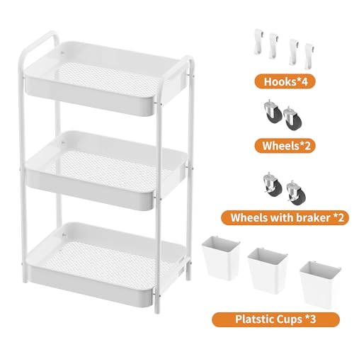 JAQ Makeup Carts, 3-Tier Metal Rolling Utility Storage Organizer Cart Shelf with Wheels for Craft Office Supplies Diapper Snack in Bathroom Kitchen Laundry Classroom Dorm -(3-Tier,White) - color: White /3-tier, size: Need Assembly