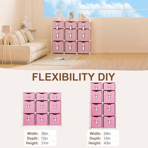 9 Cube Storage Organizer Shelf with Storage Bins and Label, 11 Inch Toy Cube Bins Clothes Closet Organizers Drawers Fabric Dresser for Living Room, Bedroom, Playroom, Dorm(Pink) - color: Pink