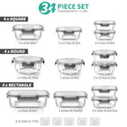 34-Piece Glass Food Storage Containers with Lids - (17 Containers & 17 Lids) - Airtight Glass Meal Prep Containers with Sauce Cups - Leakproof, BPA-Free, Microwave, Oven & Freezer Safe - Grey - color: Grey