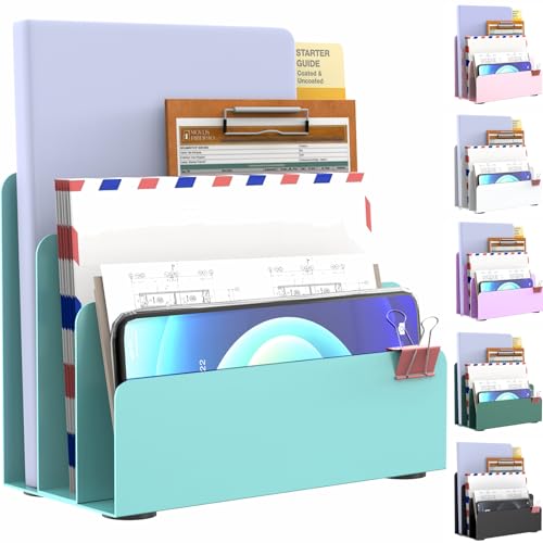 Mail Organizer Countertop, Small Desk File Organizer, Metal File Holder - Essential Workspace Organizers for Office Desk, Home Office (Blue) - color: Blue
