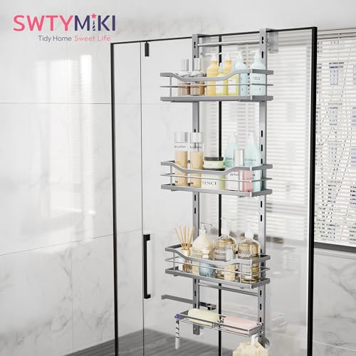 SWTYMIKI Over the Door Shower Caddy - 4 Tier Adjustable Shower Organizer Hanging with Soap Holder, No Drilling Stainless Steel Bathroom Rack Hanging for Body Wash, Shampoo, Soap, Razor, Silver - color: Silver-4 Tier