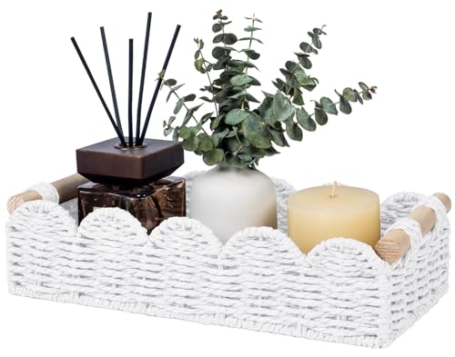 CubesLand Toilet Paper Storage Basket Organizer, Small Wicker Toilet Tank Top Decorative Baskets for Countertop, Handwoven Scalloped Basket w/handle for Home Decor, Living Room, Bedroom, White - color: White, size: S - 12.99"L x 6.3"W x 3.15"H