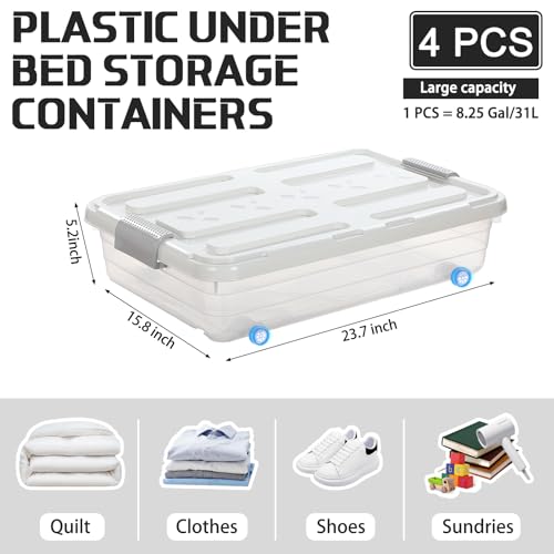 Beeveer 4 Pcs Plastic Under Bed Storage Containers with Lid Wheel Handle, Transparent Large Capacity Stackable Latching Storage Bins for Closet Bedroom Clothes Shoes Blanket(23.7 x 15.8 x 5.2,White) - color: White