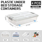 Beeveer 4 Pcs Plastic Under Bed Storage Containers with Lid Wheel Handle, Transparent Large Capacity Stackable Latching Storage Bins for Closet Bedroom Clothes Shoes Blanket(23.7 x 15.8 x 5.2,White) - color: White